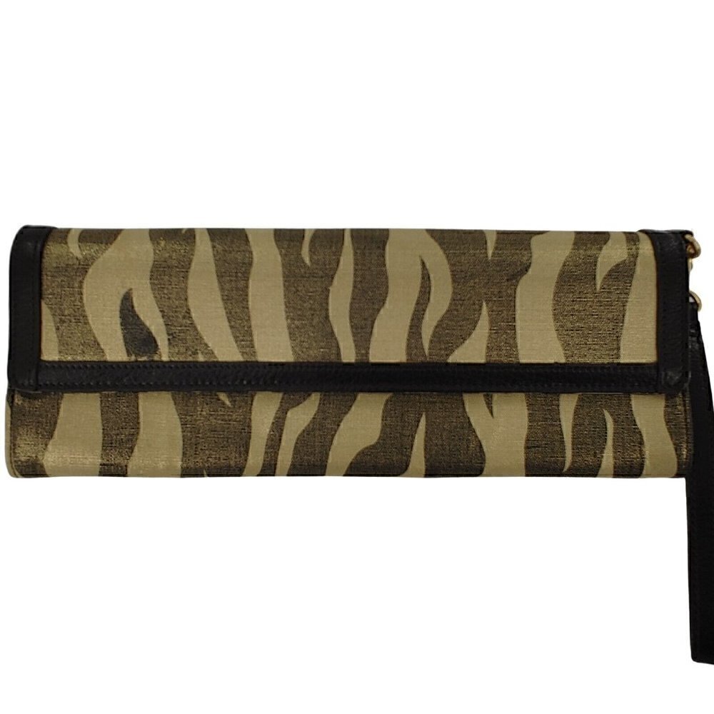 CHARLES DAVID Elena Brown & Gold Zebra Print Coated Canvas Wristlet Clutch